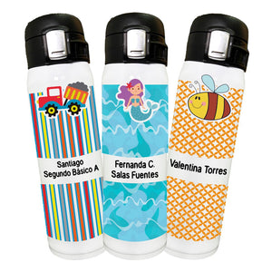 Botella de acero inox. con tapa y doble seguro. Personalizable: Infantil - Marca2