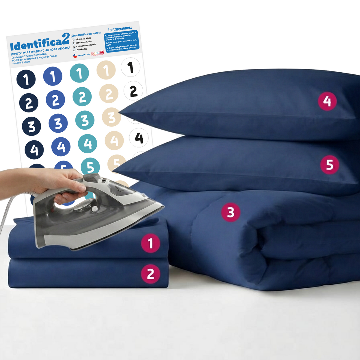 Identifica2 - Puntos planchables - Diferencia Ropa de Cama - Marca2 - La mejor forma de identificar los sábanas de cada hij@ y de todos los integrantes de tu familia. Es una forma muy práctica de reconocer  las cosas. Enviamos a todo Chile. Marca2, desde 2011