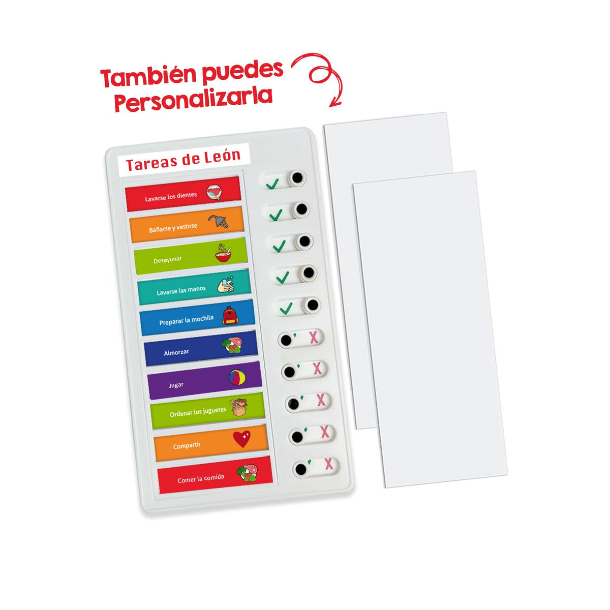 Lista de tareas - Marca2: 10 Tareas para que los niños y niñas puedan trabajar la autonomía diaramente. Ideal para todos los niños y niñas, pero pensadas con mucho cariño para los niños neurodivergentes, con CEA, TEA, Autismo. Es una pizarra plástica que tiene 10 tareas, con un botón se muestra un ticket o una cruz. Así podrán los mismos niños ir viendo que cosas van cumpliendo diaramente de una manera más visual y concreta. Personalizadas con nombre. Este producto se envia todo Chile.