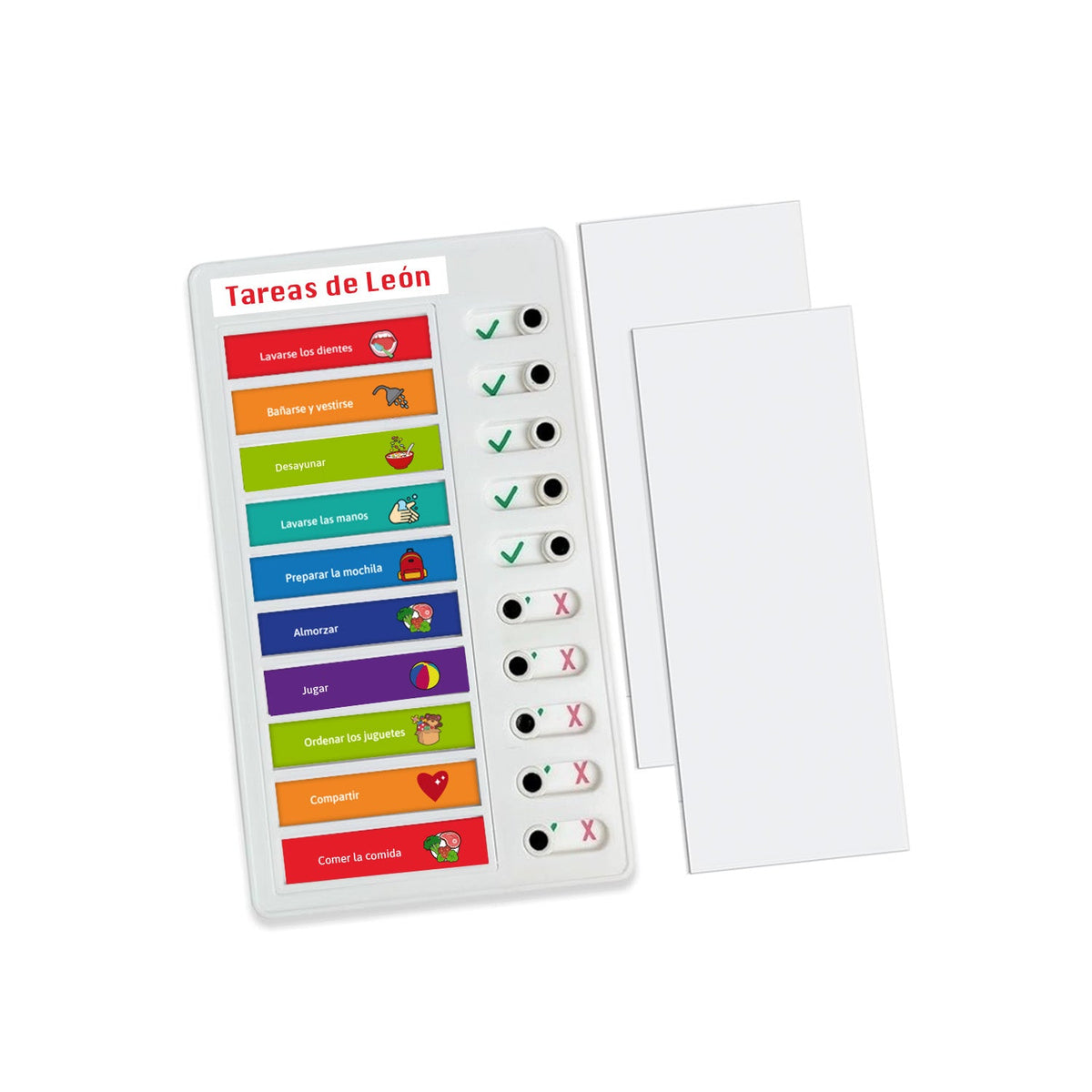 Lista de tareas - Marca2: 10 Tareas para que los niños y niñas puedan trabajar la autonomía diaramente. Ideal para todos los niños y niñas, pero pensadas con mucho cariño para los niños neurodivergentes, con CEA, TEA, Autismo. Es una pizarra plástica que tiene 10 tareas, con un botón se muestra un ticket o una cruz. Así podrán los mismos niños ir viendo que cosas van cumpliendo diaramente de una manera más visual y concreta. Personalizadas con nombre. Este producto se envia todo Chile.