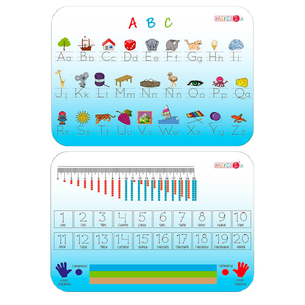 Pizarra doble de lecto escritura ABC y números en español - Marca2 - Medida:  30 x 20 cm.  Envíos a todo Chile. - Incluye plumón y borrador.