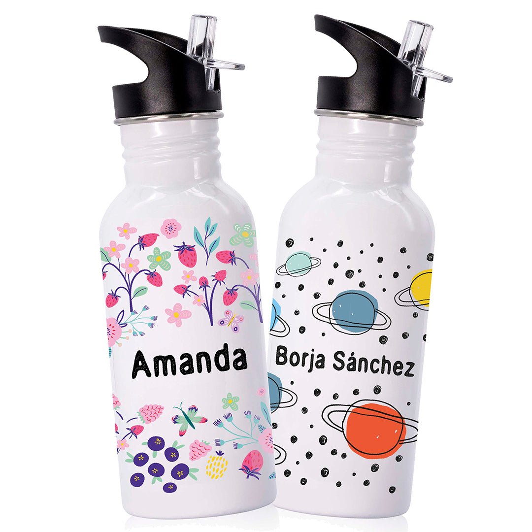 Botella de acero inoxidable personalizada con nombre. Tapa con boquilla rígida y bombilla en el interior. Elige botellas de acero inoxidable, así estarás ayudando al medio ambiente, usándo la misma botella.  No retienen los olores ni sabores ( a diferencia de las plásticas). 500 ml.  Envios a todo Chile. Marca2, desde 2011.