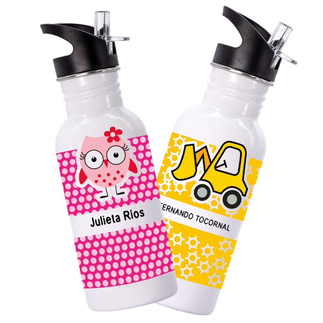 Botella de acero inoxidable personalizada con nombre. Tapa con boquilla rígida y bombilla en el interior. Elige botellas de acero inoxidable, así estarás ayudando al medio ambiente, usándo la misma botella.  No retienen los olores ni sabores ( a diferencia de las plásticas). 500 ml.  Envios a todo Chile. Marca2, desde 2011.