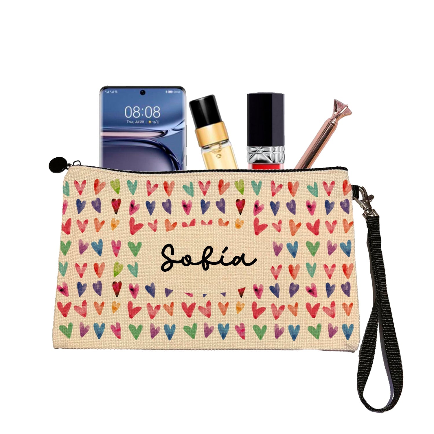 Estuche + Lanyard diseño: Corazones Acuarela - Marca2