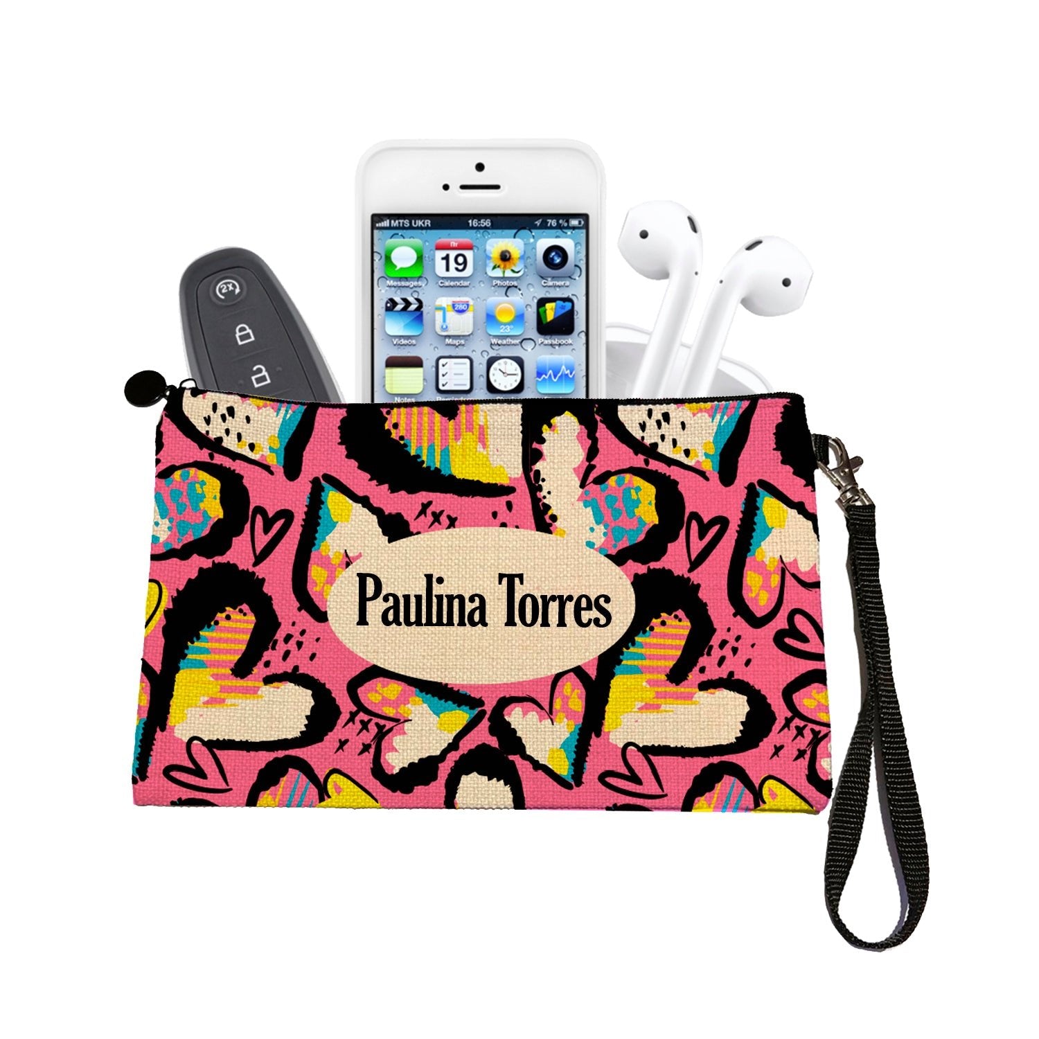 Estuche + Lanyard diseño: Corazones bordes negro. - Marca2