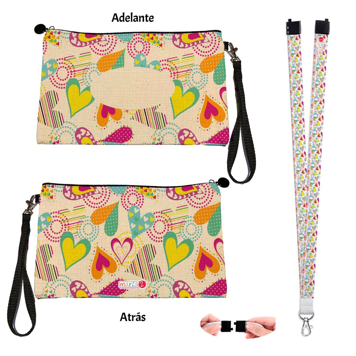 Estuche + Lanyard diseño: Corazones de Colores - Marca2