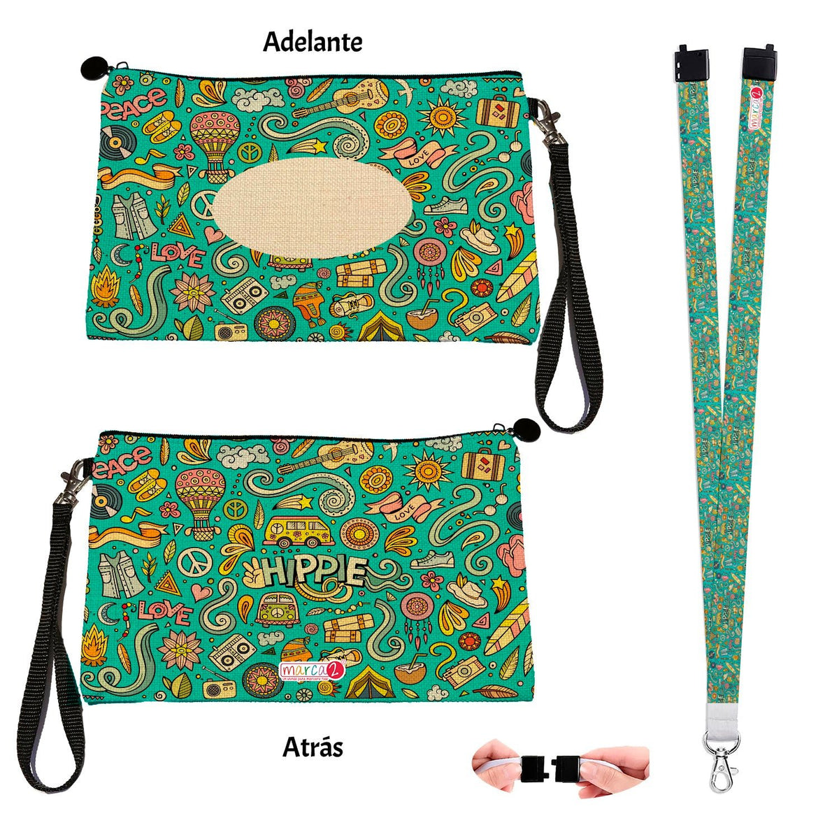 Estuche + Lanyard diseño: Hippie Verde - Marca2