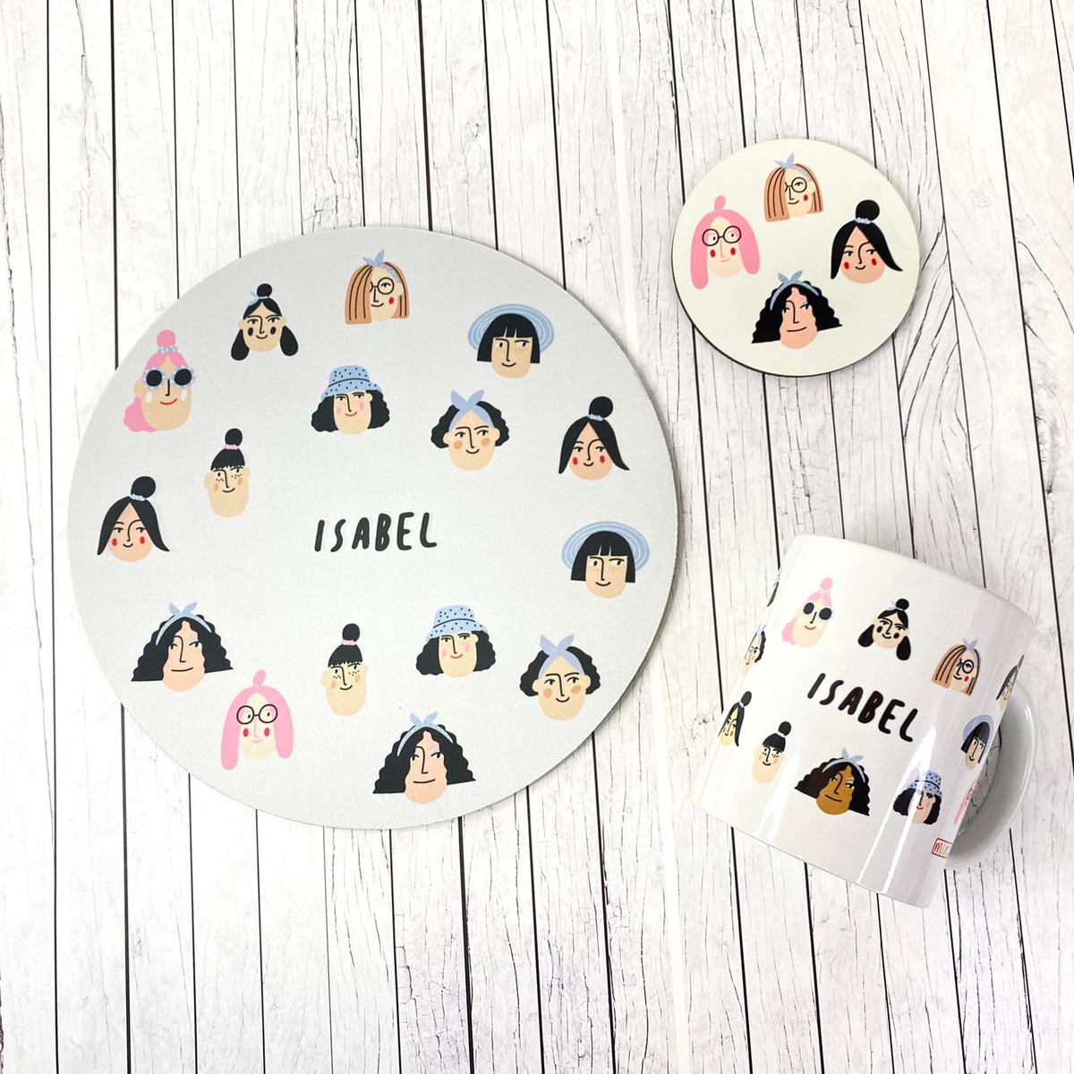 PERSONALIZADO con nombre: Kit Mujer home office: Diseño caras de mujeres del mundo. - Marca2