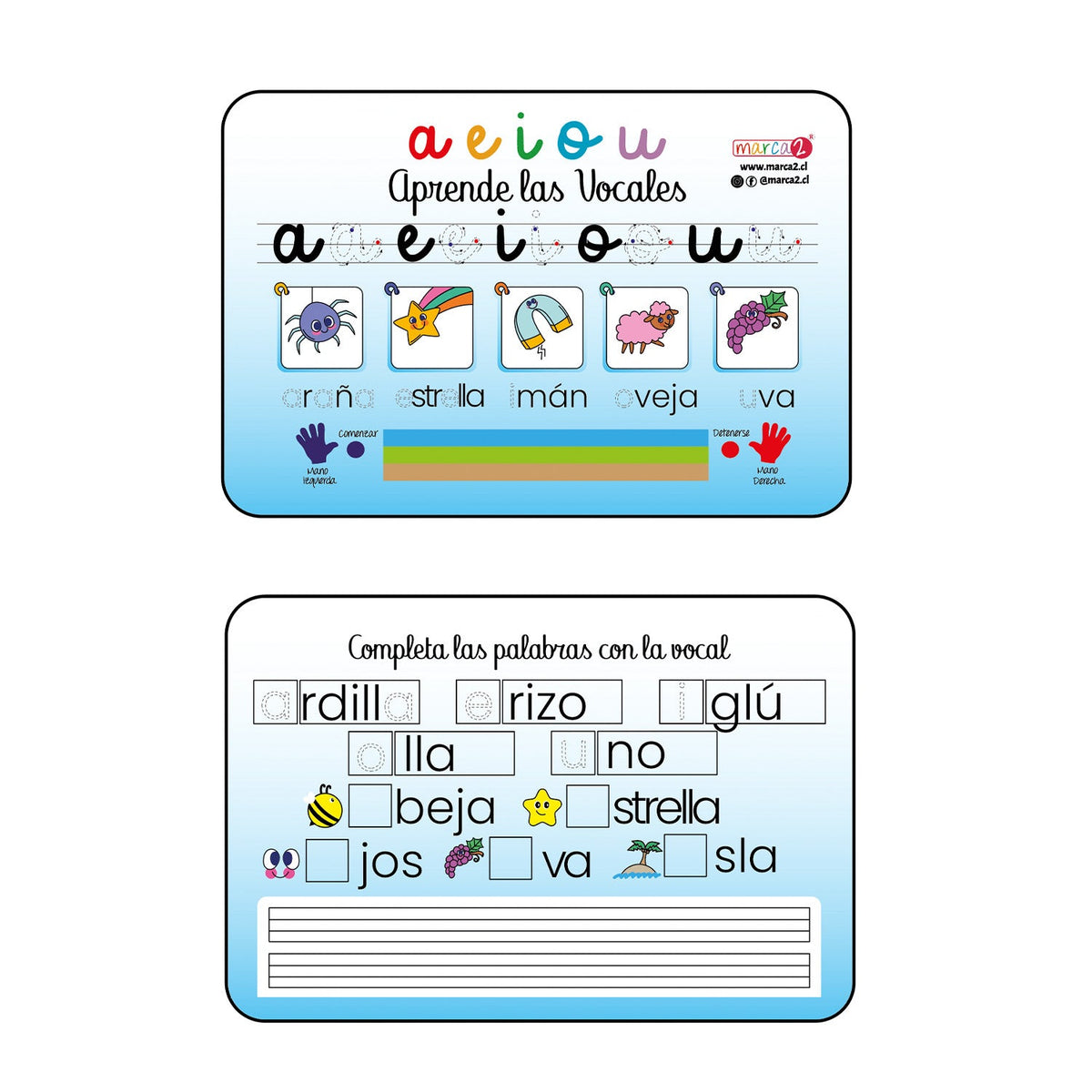 Pizarra Aprende las Vocales - Marca2. 20 X 30  cm. Ideal para aprender y reforzar las vocales en la casa , jardín o colegio.  Incluye plumón y borrador.  Envíos a todo Chile. 