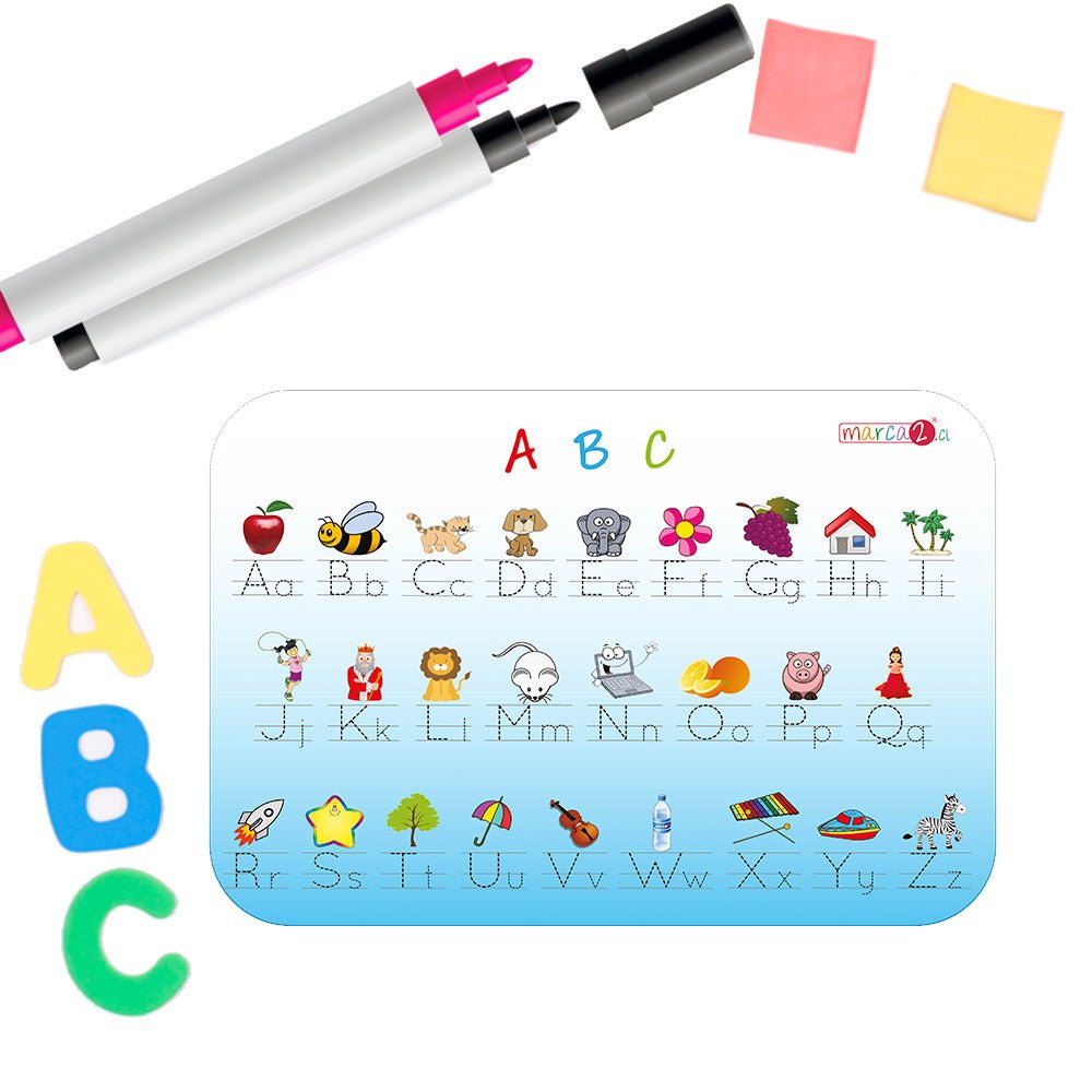 Pizarra doble de lecto escritura ABC y números en inglés - Marca2 - Envíos a todo Chile. - Incluye borrador y  1 plumón de pizarra.