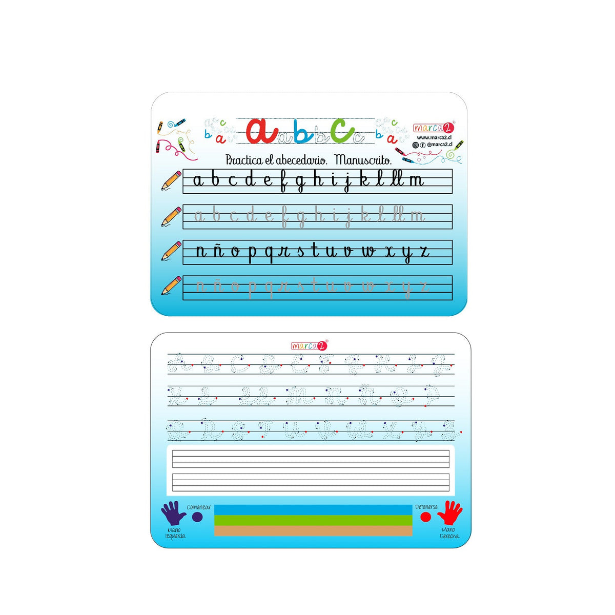 Pizarra doble: Practica el abecedario manuscrito - Marca2 - Medida 20 x 30 cm - Envios a todo Chile. - incluye plumón y borrador.