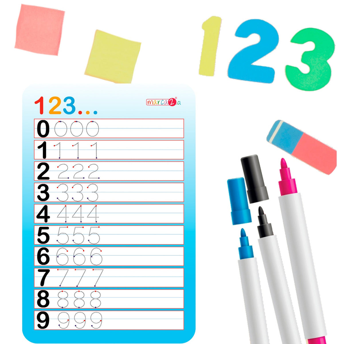 Pizarra para comenzar la escritura de números - Marca2 - Medida: 20 x 30 cm - Envios a todo  Chile. Incluye plumón y borrador.