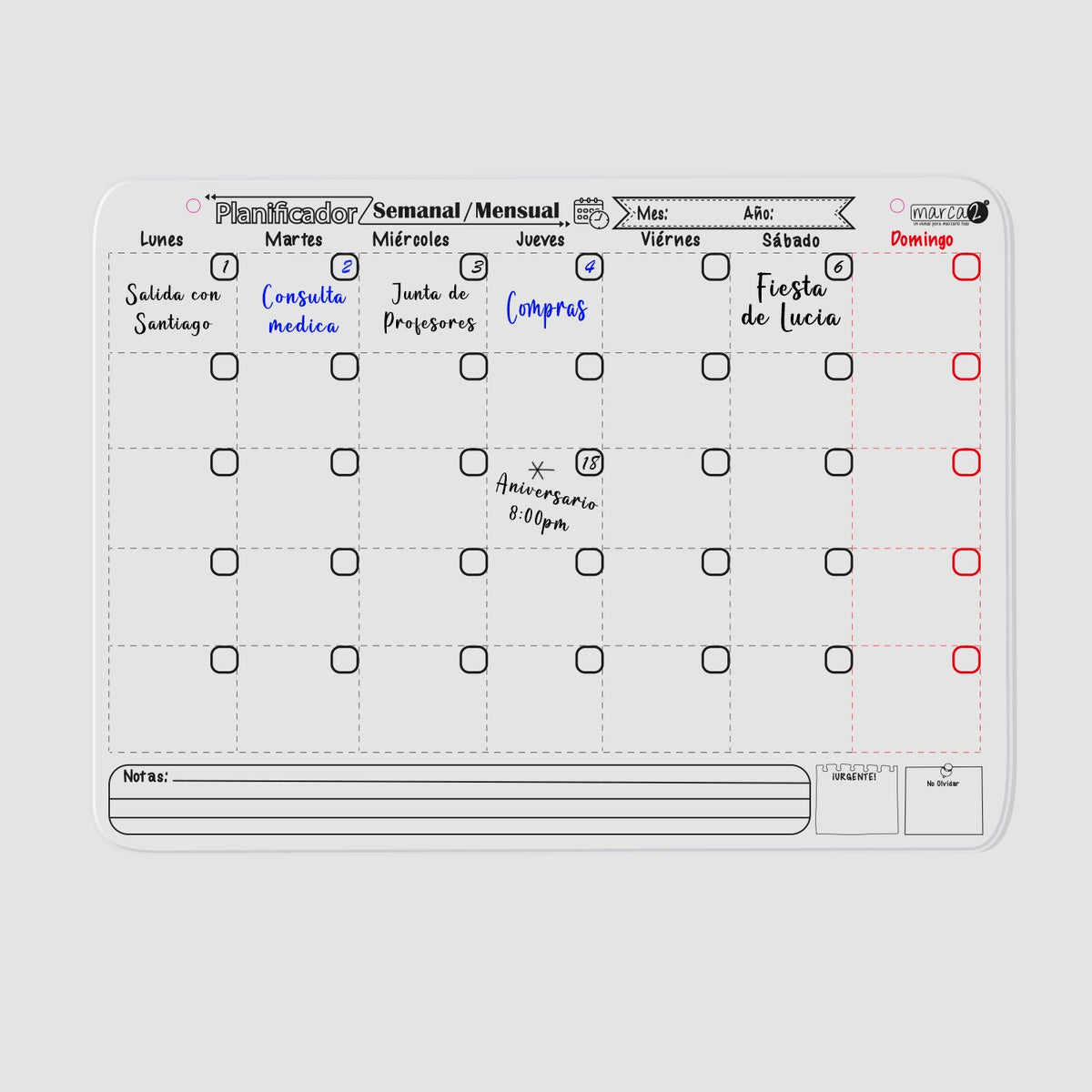 Planificador Pizarra Acrílica: Semanal - Mensual - Marca2.  70 CM X 40 CM.  Ideal para usar en la casa o en el trabajo / oficina.  Muy práctica para organizar la semana o el mes y ver todo para que nada se te olvide. Marca2, desde el 2011 con las mejores soluciones. Envíos a todo Chile. 